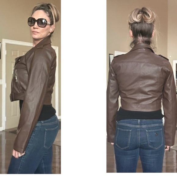 New Look dark chocolate Brown faux Leather Biker moto Jacket Sz L - Picture 4 of 13